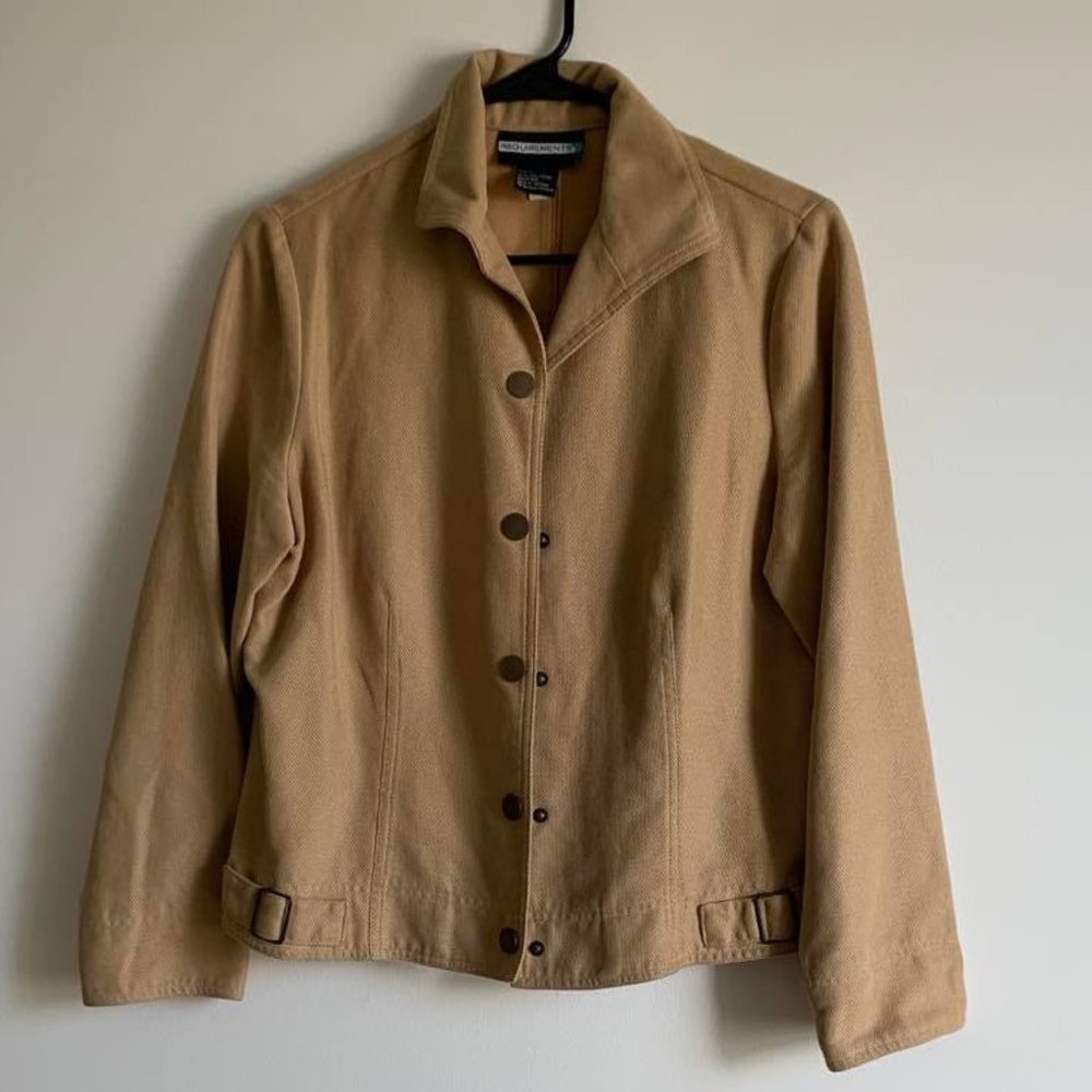 Women's Tan Requirements Blazer with Button Front and Buckle Details